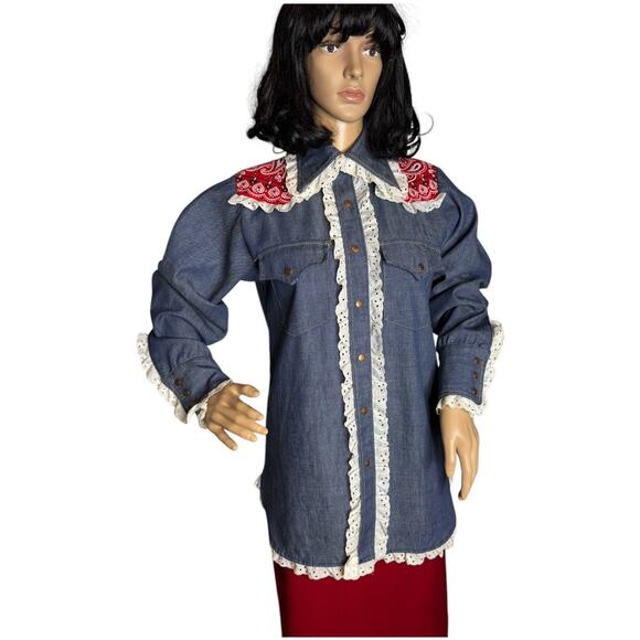 Vintage Bar C authentic western denim shirt dagger collar eyelet trim size med - Picture 17 of 17